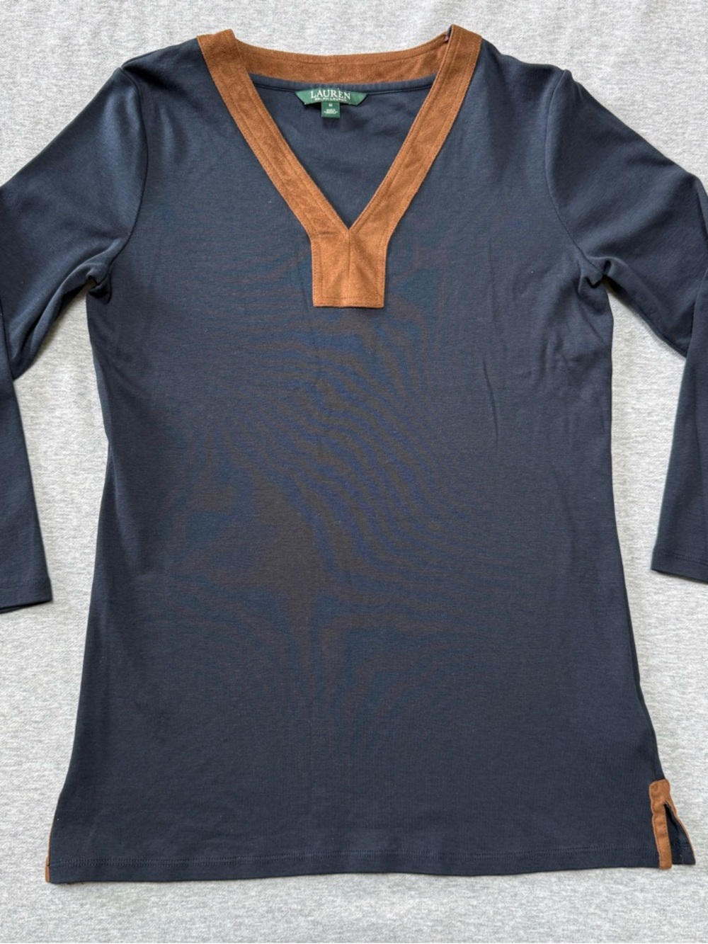 Lauren Ralph Lauren Navy V-Neck Top with Brown Suede Trim